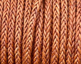 4mm Natural Light Brown Square Braided Bolo Leather Cord - By The Foot - 8 Strand Braided Cord LCBR - 4  Natural Light Brown #F