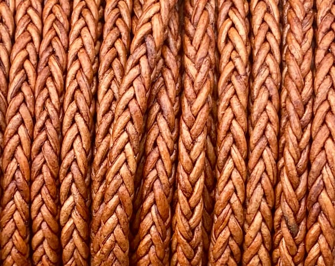 4mm Natural Light Brown Square Braided Bolo Leather Cord - By The Foot - 8 Strand Braided Cord LCBR - 4  Natural Light Brown #F