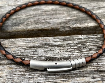 Thin Braided Leather Bracelet With Stainless Steel  Clasp For Men and Women, 3mm Black and Brown CS-64 Black and Brown