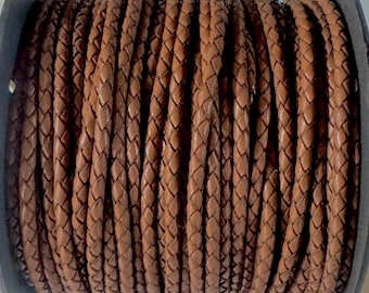 4mm Saddle Bolo Braided Leather Cord Premium German Quality Smooth and Flexible All Leather By The Yard  LCBR - 4  #B Premium Saddle