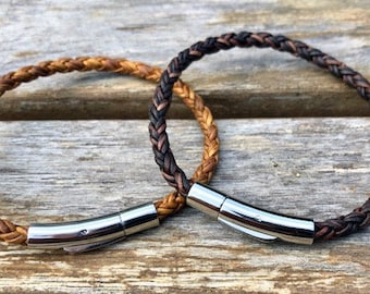 Thin Braided Men's Leather Bracelet With Stainless Steel Locking Bayonet Clasp CS45