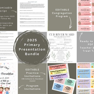 Puede incluir: Un paquete de recursos imprimibles para una presentación primaria de 2025. El paquete incluye un guion personalizable, invitaciones de práctica editables, un programa de congregación, etiquetas de golosinas para maestros y niños, y una hoja de práctica de programa de presentación primaria. El paquete está tematizado con palomitas de maíz y una bebida.