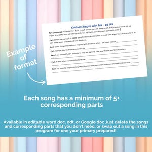 以下が含まれることがあります： 「Kindness Begins with Me」というタイトルのワークシートで、聖書の参照を含む、記入欄があります。テキストは白地に黒です。画像には「Example of format」と「Each song has a minimum of 5+ corresponding parts」という言葉も含まれています。