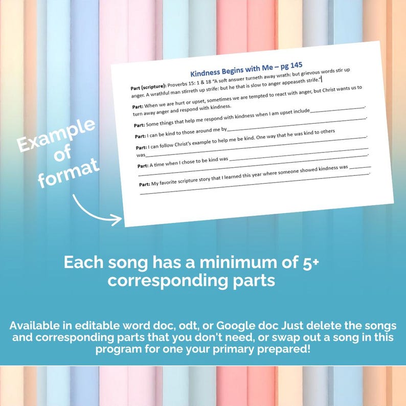 以下が含まれることがあります： 「Kindness Begins with Me」というタイトルのワークシートで、聖書の参照を含む、記入欄があります。テキストは白地に黒です。画像には「Example of format」と「Each song has a minimum of 5+ corresponding parts」という言葉も含まれています。