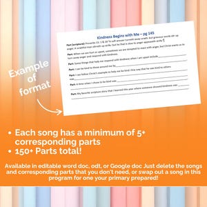 May include: A white paper with the title "Kindness Begins with Me - pg 145" and fill-in-the-blank questions. The paper is on a colorful background with text that says "Example of format". The image also includes text about the product.