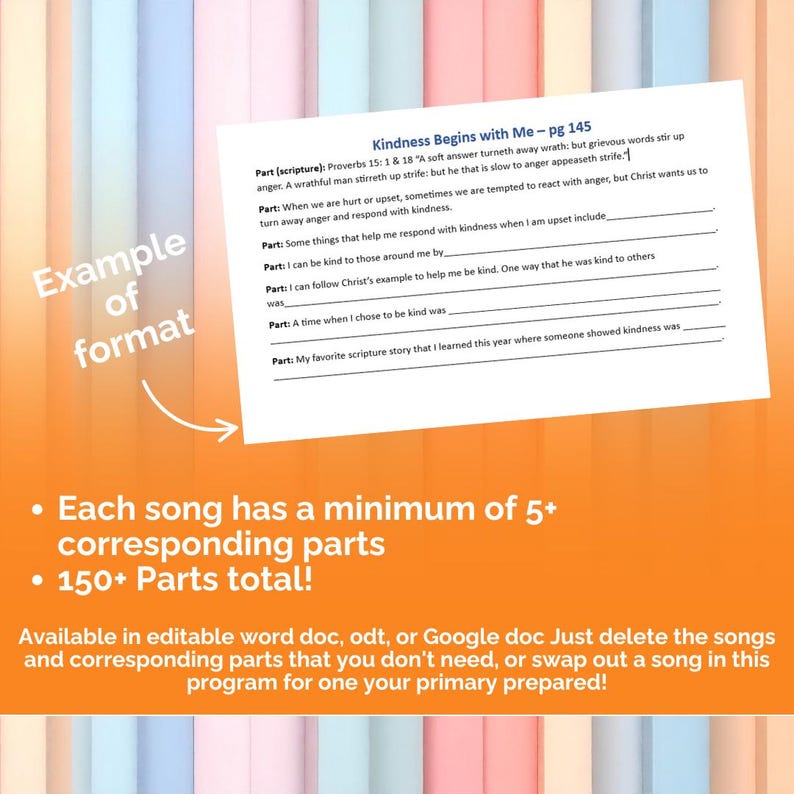 May include: A white paper with the title "Kindness Begins with Me - pg 145" and fill-in-the-blank questions. The paper is on a colorful background with text that says "Example of format". The image also includes text about the product.