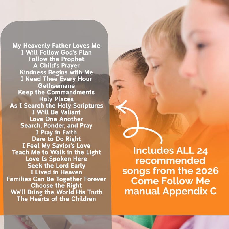 May include: Image features a list of 24 recommended songs from the 2026 Come Follow Me manual. The list includes titles like "My Heavenly Father Loves Me" and "Families Can Be Together Forever". Two children are in the background.