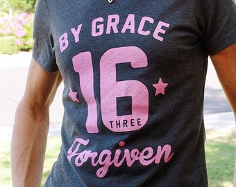 By Grace John 3:16 | Super Cute Christian Shirt for Junior Women | Ultra-Soft Charcoal Gray and Pink