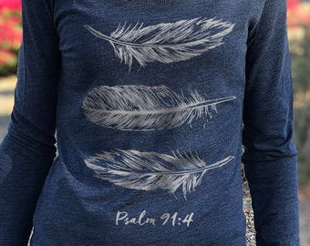 Christian Shirt for Women // Feathers - Junior-Cut Vintage Navy Ultra-Soft Long Sleeve Tri-Blend Scoop