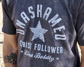Christian Shirt for Men // Unashamed Christ Follower // The Perfect Christian Gift for Men // Ultra-Soft Poly Cotton Charcoal Gray