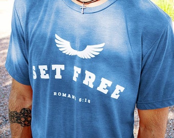 Christian T-Shirt for Men (Set Free Wings) Ultra-Soft Blue Tri-Blend Crew