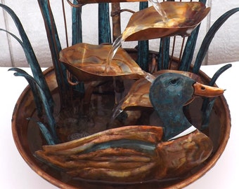 Copper Fountains, Mallard Duck and Cattails in Pond Setting, Large Tabletop Water Fountain Size (New and 1 in stock)