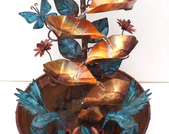 Copper Waterfall Fountain, Hummingbirds, Butterflies, Flowers, Large Table Size