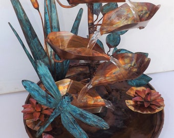 Copper Fountain, Giant Damselfly w/ Cattails, Vines, Water Lilies, medium tabletop size (created/made by order, please see item details)