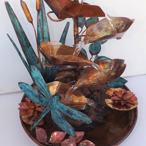 Copper Fountain, Giant Damselfly w/ Cattails, Vines, Water Lilies, medium tabletop size (created/built/made by order please see details)