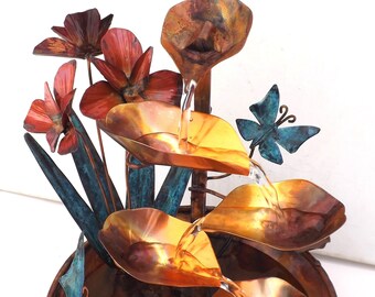 Copper Water Table Fountain, Butterflies and Iris Flowers, small size (created/built/made by order please not in stock but orderable)