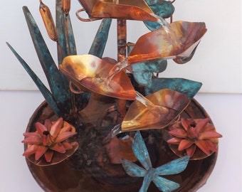 Copper Fountain, Cattails, Water Lily Flowers, Leaf Vine and Dragonflies, Small Tabletop Size