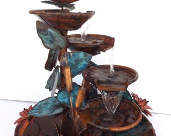 4 Tier Copper Mini-4-Fall-Water Fountain w/ Cattails, Water Lilies, and Ivy Leaves (Made/Built/Created by Order, not in stock but orderable)
