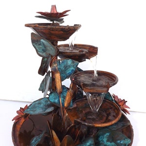 4 Tier Copper Mini-4-Fall-Water Fountain w/ Cattails, Water Lilies, and Ivy Leaves (Made/Built/Created by Order, not in stock but orderable)