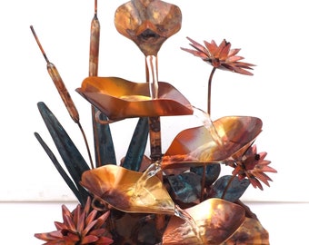Copper Fountain, Detailed Water Lily Lotus Flowers, Cattails, and Leaves, small table waterfall size