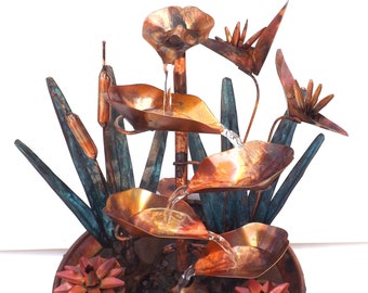 Copper Tabletop Fountain, Bird of Paradise Flowers, Water Lilies, Cattails (Made/Created/Built by order, please see details for more)