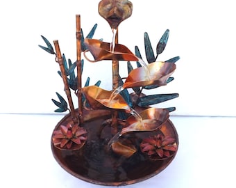Copper Tabletop Fountain: Bamboo, Ferns, and Water Lily Flowers, Small Size