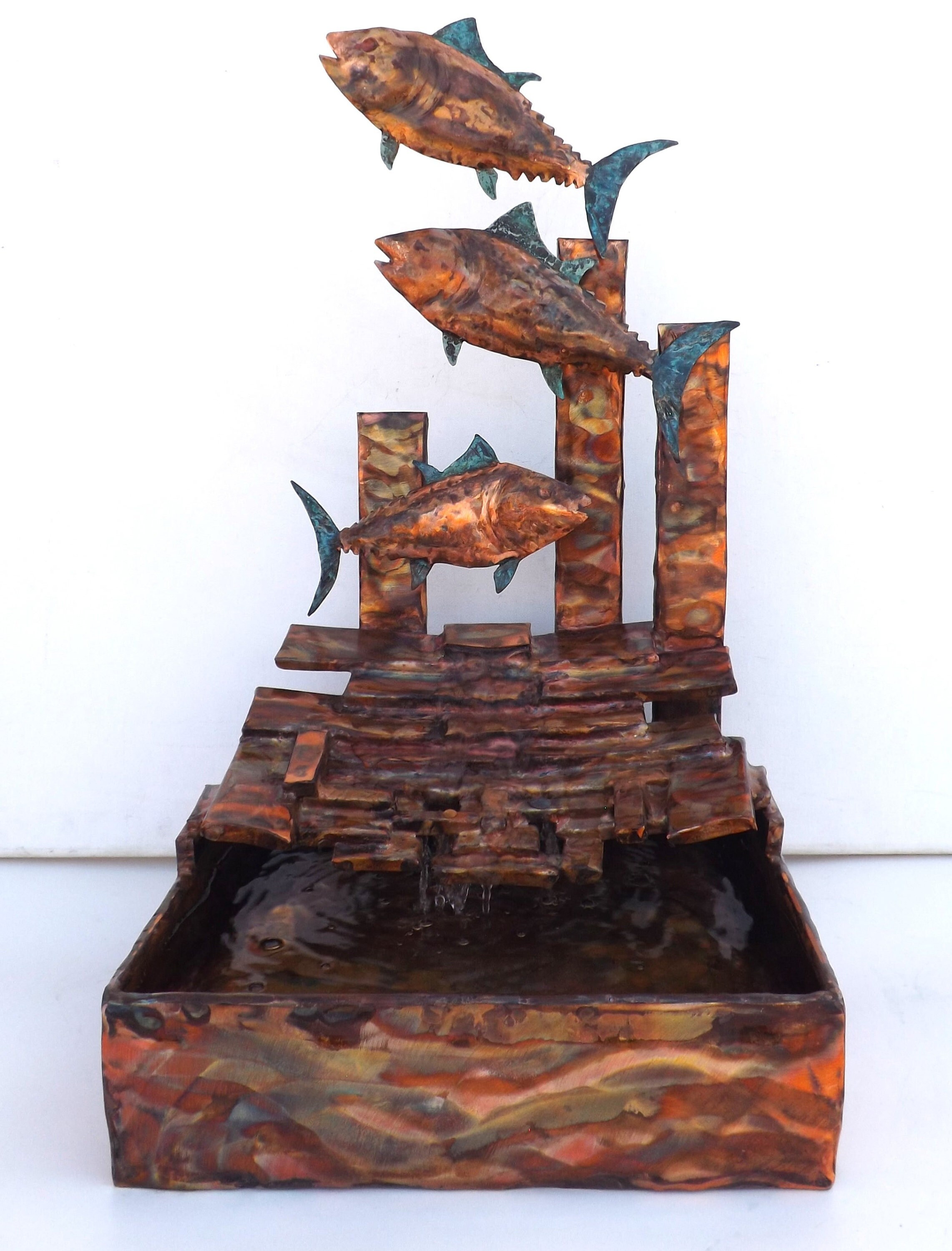 Copper Blue Fin Tuna Fish Rectangle Waterfall Fountain Flowing Into Square Base, One-Of-A-Kind Sculpture Artwork | New, 1 In-stock