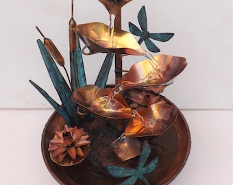 Copper Tabletop Fountain, Lily Pads, Dragonflies, Water Lilies and Cattails, Small Size