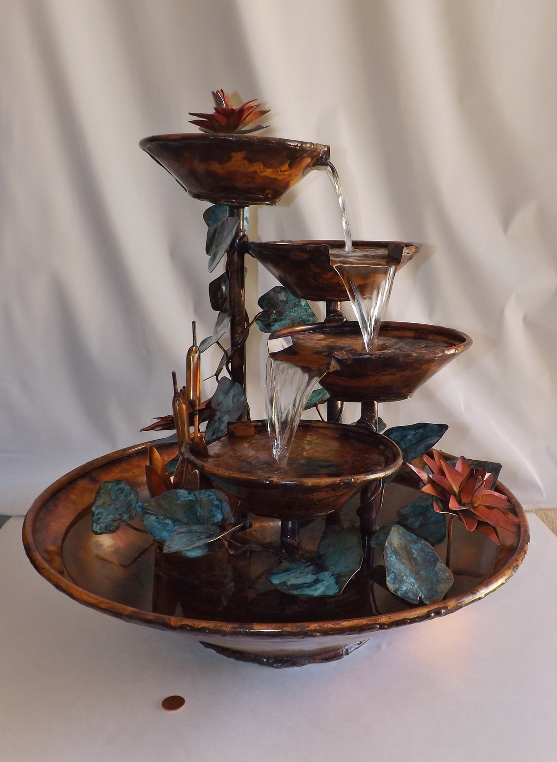 4 Tier Large Copper Table Fountain with Cattails Ivy Leaves Etsy