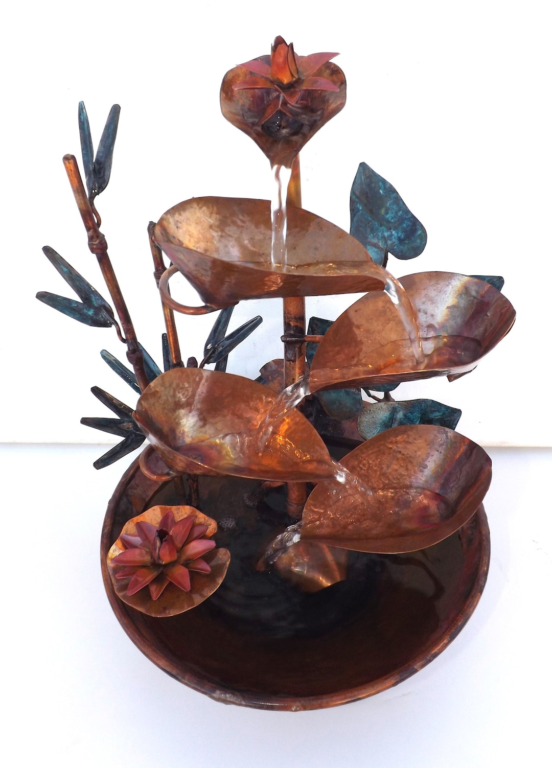Copper Fountain, Bamboo, Water Lilies and Ivy Leaves, Small Copper ...
