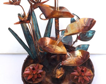 Copper Bird of Paradise Water Fountain, Leaf vine, Water Lily Flowers: Small Size