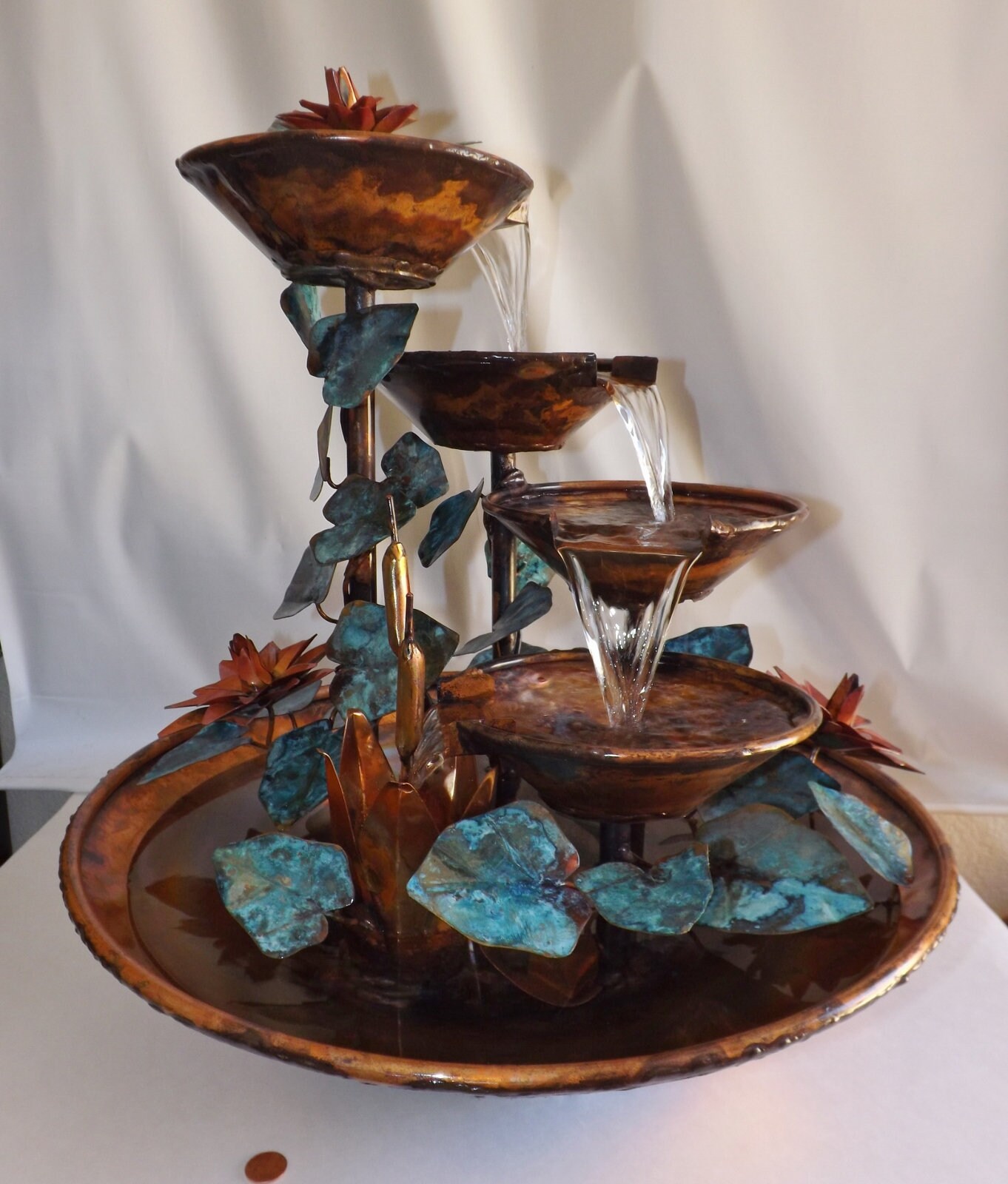 4 Tier Large Copper Table Fountain with Cattails Ivy Leaves Etsy