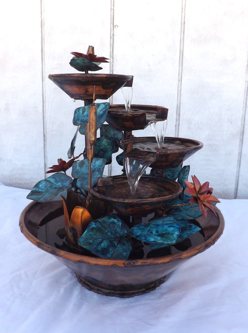 4 Tier Copper Large Table Size Waterfall Fountain W/ Cattails, Water ...
