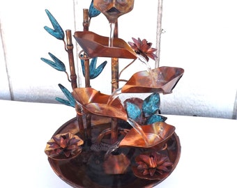 Copper Bamboo, Leaves, and Water Lilies, Small Table Size Water Fountain