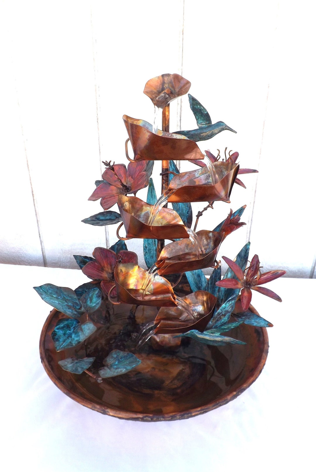 Copper Water Fountain, Large Tabletop Size, W/ Flying Hummingbirds in a