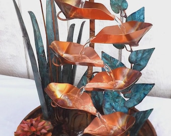 Copper Long Vine Leaves Fountain w/ Tall Cattails, Water Lilies and Lily Pads, Extra Large Table Size
