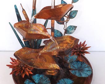 Copper Fountain, Red Lotus, Cattails, and Leaf Vine w/ Hammered Textures, medium tabletop size