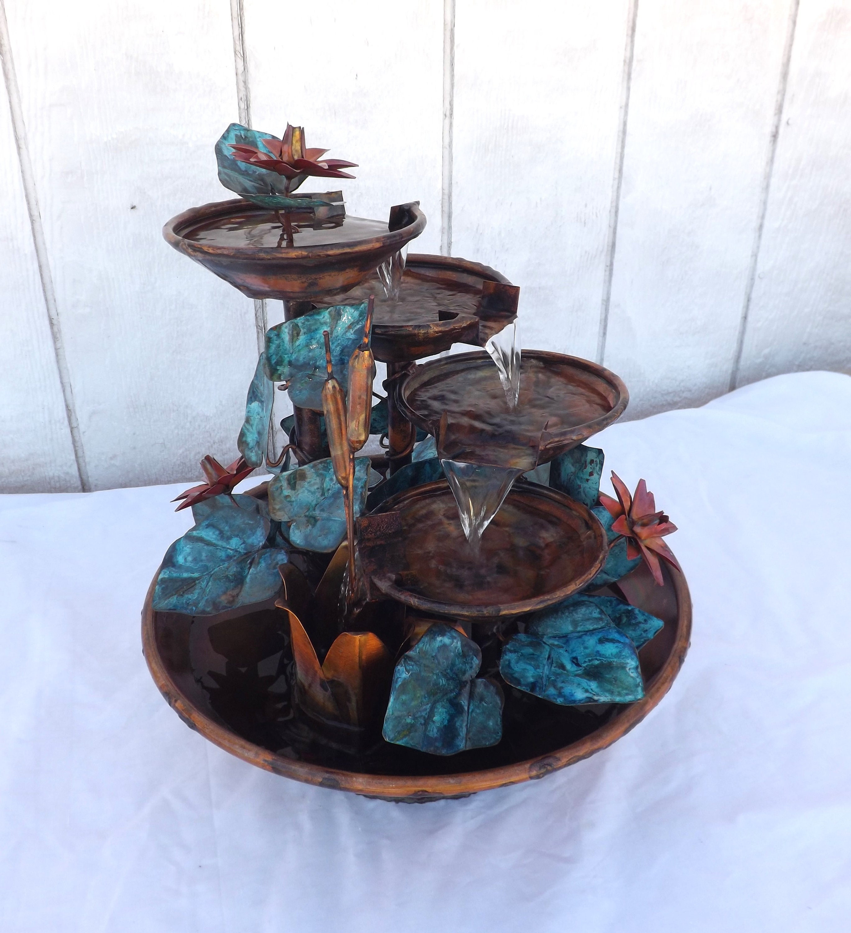 4 Tier Copper Lg. Table Size Waterfall Fountain W/ Cattails, Water ...