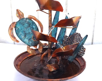 Sea Turtle Copper Water Table Fountain, Kelp and Coral Reef, Small Tabletop Size