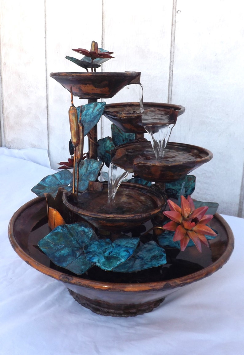 4 Tier Copper Large Table Size Waterfall Fountain W/ Cattails, Water ...