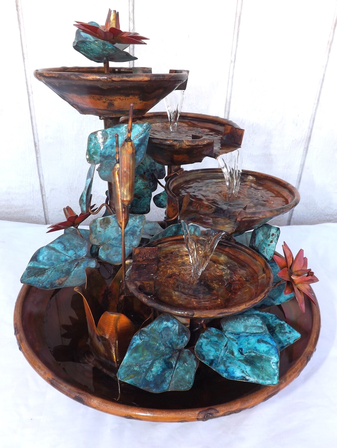 4 Tier Copper Large Table Size Waterfall Fountain W/ Cattails, Water ...