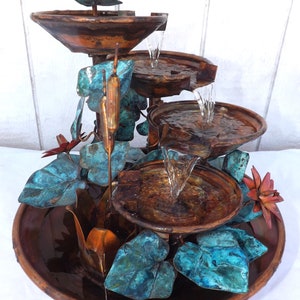 4 Tier Copper Lg. Table Size Waterfall Fountain w/ Cattails, Water Lilies, Ivy Leaves (made/built/created by order, not in stock, orderable)