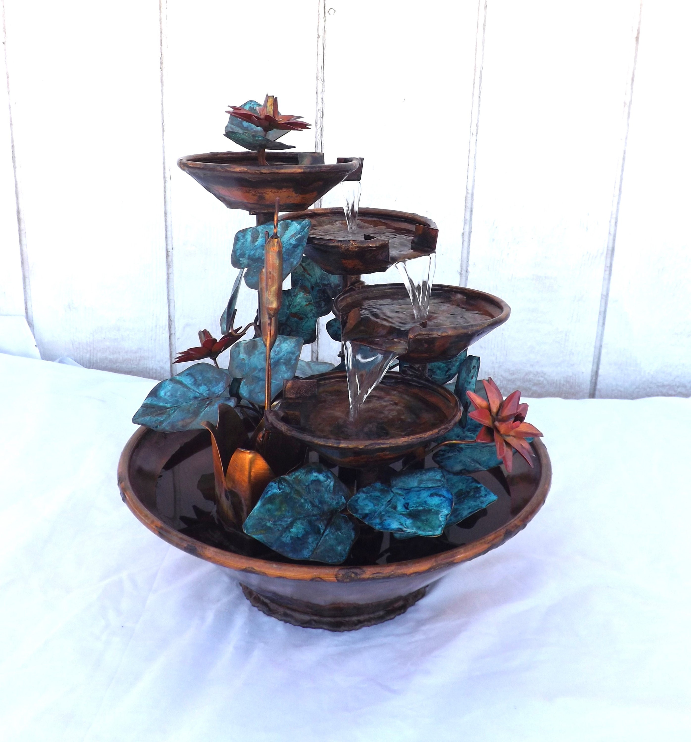 4 Tier Copper Lg. Table Size Waterfall Fountain W/ Cattails, Water ...