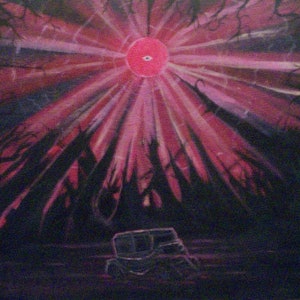 Puede incluir: Una escena de bosque oscuro y amenazante con un ojo rojo y brillante en el centro de la imagen. Los árboles están silueteados contra la luz roja brillante, creando una sensación de misterio y presagio.