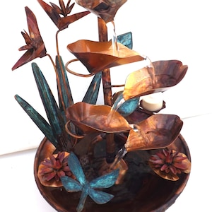 Copper Fountain Bird of Paradise Flowers, Dragonfly, Water Lilies, Leaves, extra small size (built/created/made by order, not in stock)