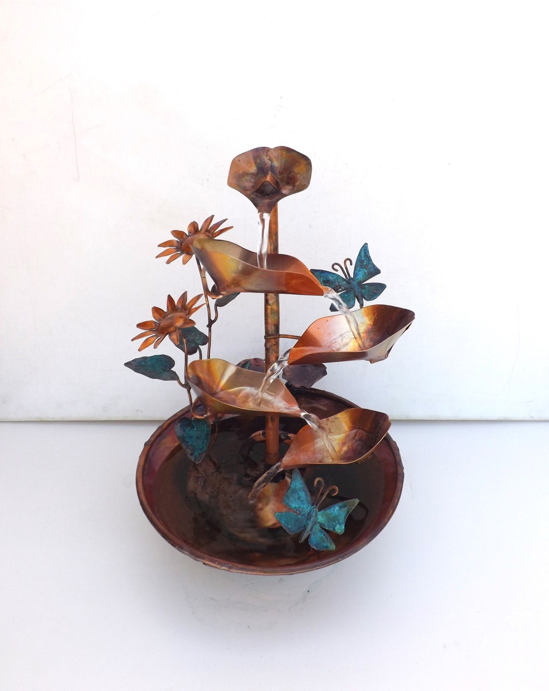 Copper Water Fountain With Sunflowers and Butterflies, Extra Small