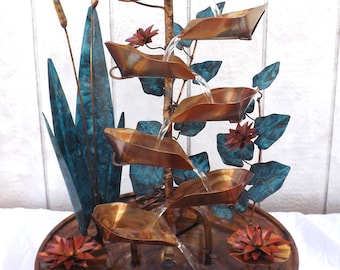 Copper Water Fountain Extra Large Size w/ Cattails, Ivy Leaves, Water Lilies (Built/Made/Created by Order, not in-stock, please see details)