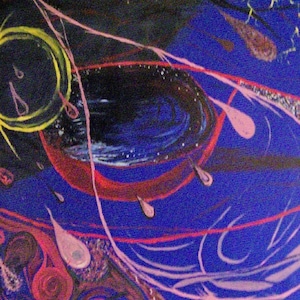 May include: Abstract painting with a blue background, pink and red lines, and a yellow circle with a black clock face.