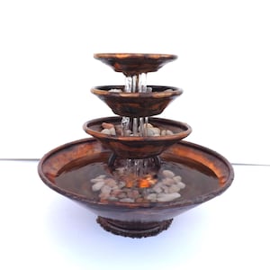Rain Cascade Water Fountain, Round Bowls 3 Tier Copper Pyramid Style Small Table Size (Created/Built/Made by Order, Not in Stock, Orderable)