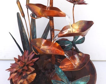 Handcrafted Copper Lotus Fountain, Water Lilies, Dragonflies, Small Tabletop Size Waterfall